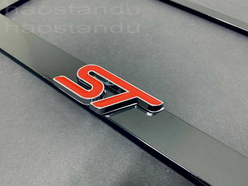 1x Red "ST" 3D Emblem BLACK Stainless License Plate Frame RUST FREE + Screw Caps