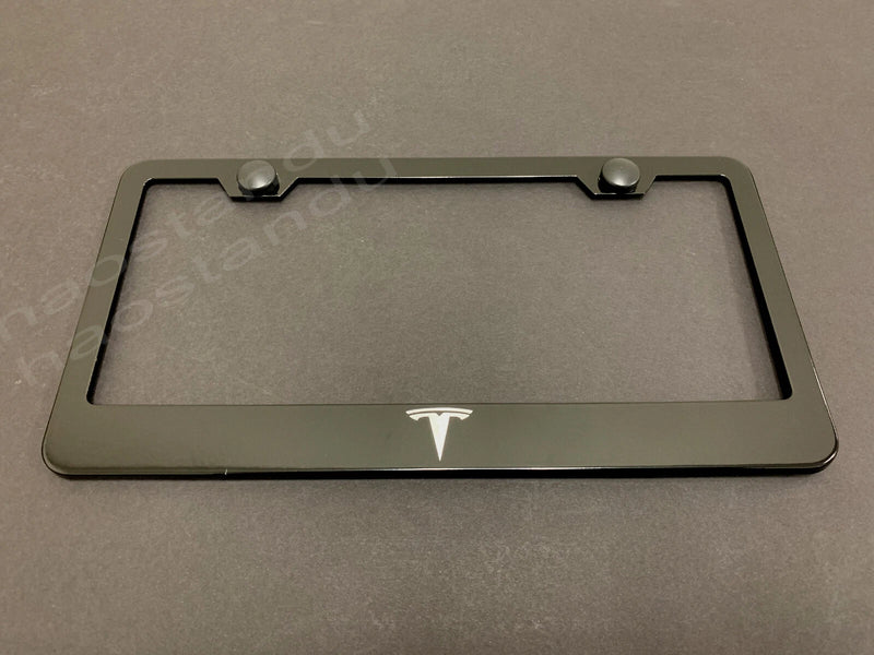 1x Tesla BLACK Stainless Metal License Plate Frame + Screw Caps LOGO