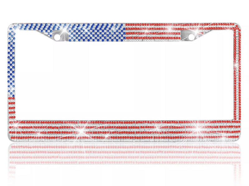 2X Metal USA American Flag Crystal Bling Style License Plate Frame Universal Fit