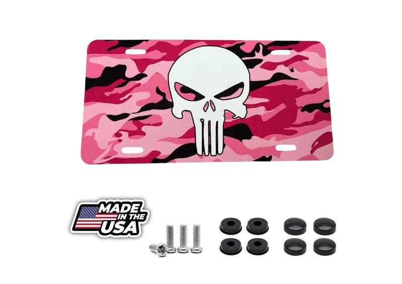Punisher Camo, Pink and White, Front License Plate