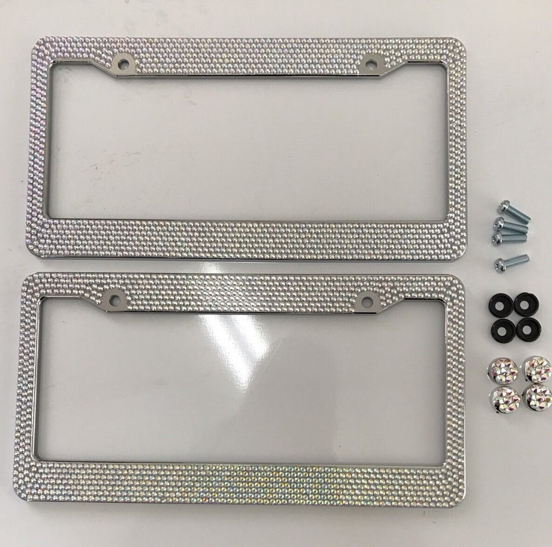 Pair Prism Effect Silver Bling Crystal RhineStone License Plate Frame Car Truck