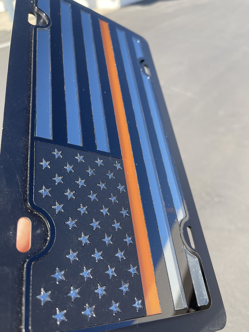 American Flag Orange Thin Line Acrylic Vanity License Plate Blacked Out Tactical