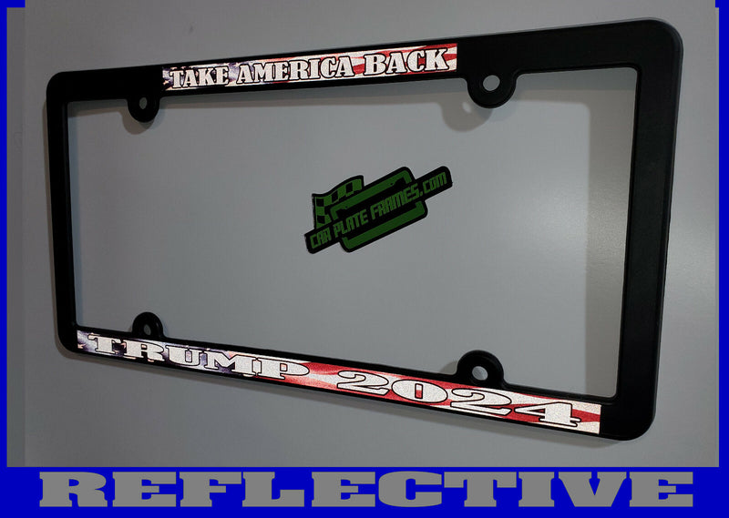 REFLECTIVE THIN TAKE AMERICA BACK TRUMP 2024 License Plate Frame