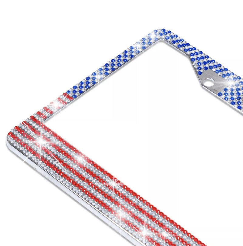 2X Metal USA American Flag Crystal Bling Style License Plate Frame Universal Fit