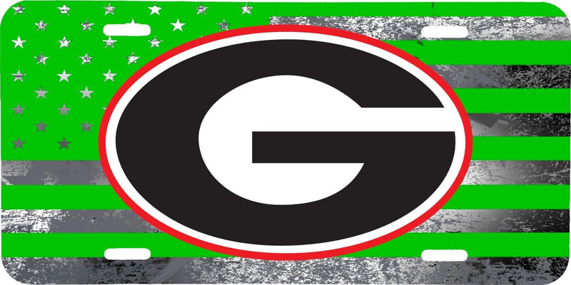NCAA GEORGIA BULLDOGS DISTRESSED AMERICAN FLAG GREEN GRAY ALUMINUM LICENSE PLATE TAG