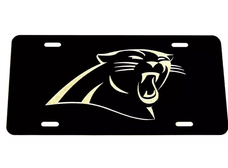 Carolina Panthers Logo Car Tag Diamond Etched on Black Aluminum License Plate