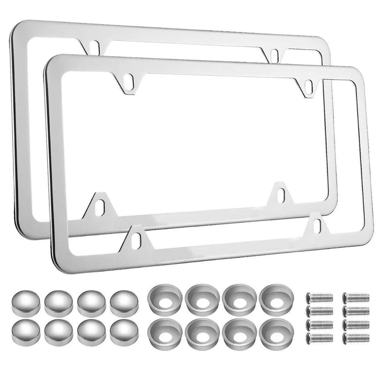 2Pcs Chrome Stainless Steel Metal License Plate Frame Cover With Screw Caps v5