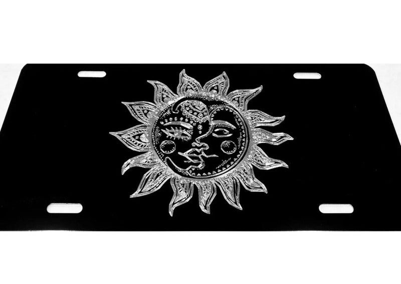 Celestial Sun Moon Car Tag Engraved Etched on Gloss Black Aluminum License Plate
