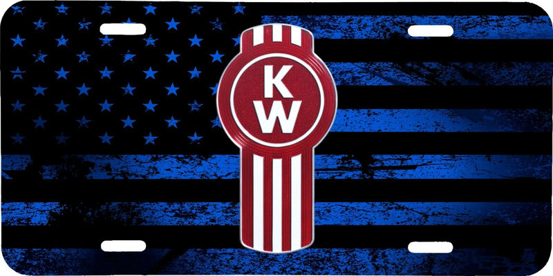 KENWORTH SEMI TRUCK LOGO BLUE & RED AMERICAN FLAG LOOK VEHICLE LICENSE PLATE FRONT TAG