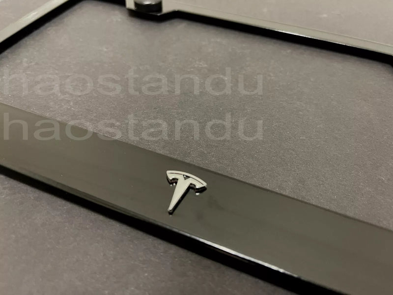 1x Tesla T Logo 3D Emblem Badge BLACK Stainless Metal License Plate Frame RUST FREE