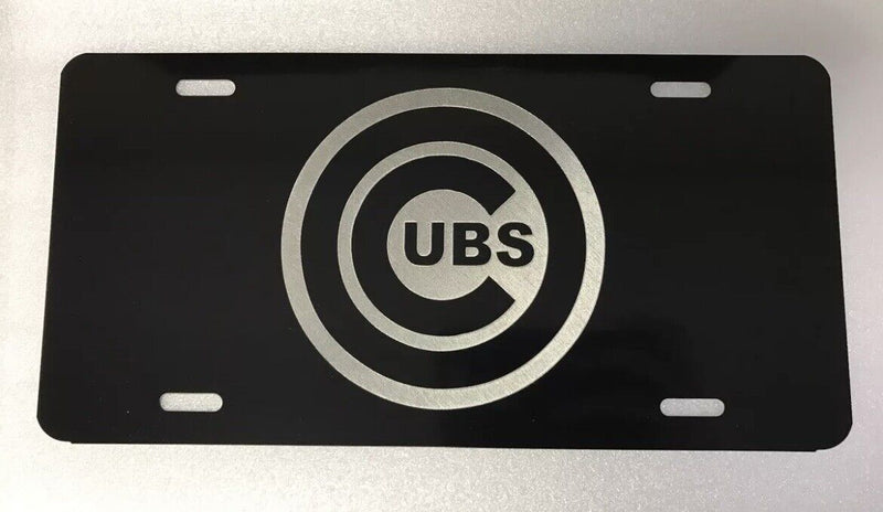 CHICAGO CUBS Logo Car Tag Diamond Etched on Black Aluminum License Plate