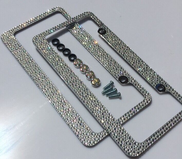 2 CLEAR AB MIX BLING 3000 RHINESTONES CRYSTALS LICENSE PLATE FRAME w/ SCREW CAPS