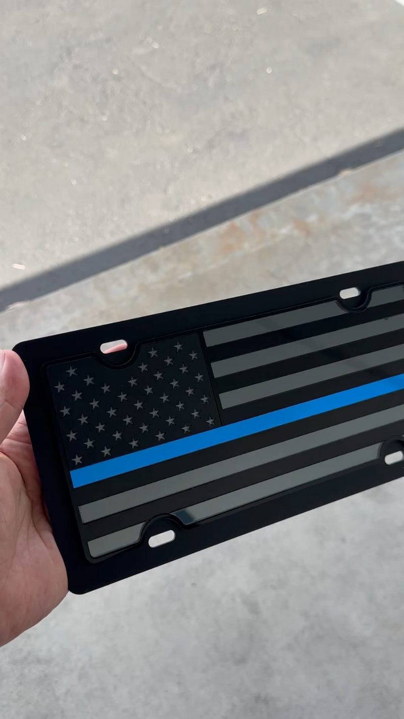 Blue Line Blacked Out USA Flag Mirror Acrylic License Plate Police Lives Matters