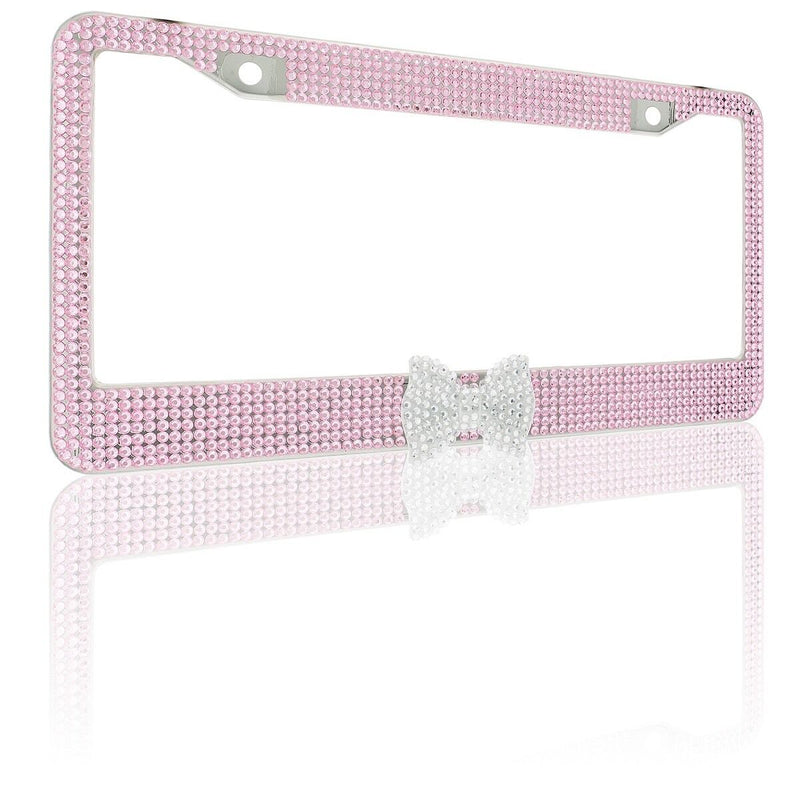 Pink 7 Rows Bling Diamond Crystal License Plate Frame With Clear Bow Tie