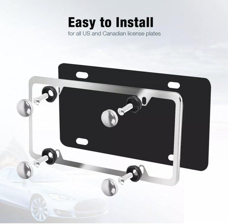 2Pcs Chrome Stainless Steel Metal License Plate Frame Cover With Screw Caps