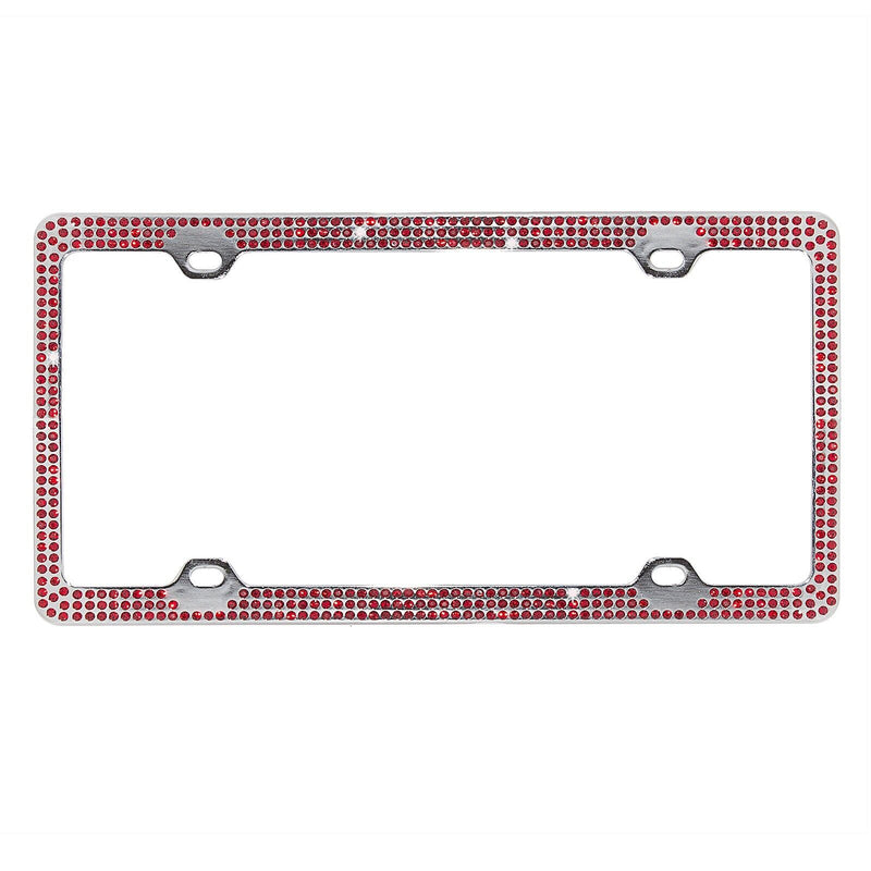 Crystal Red Rhinestone Bling 3 Row Metal Car License Plate Frame w/ Caps