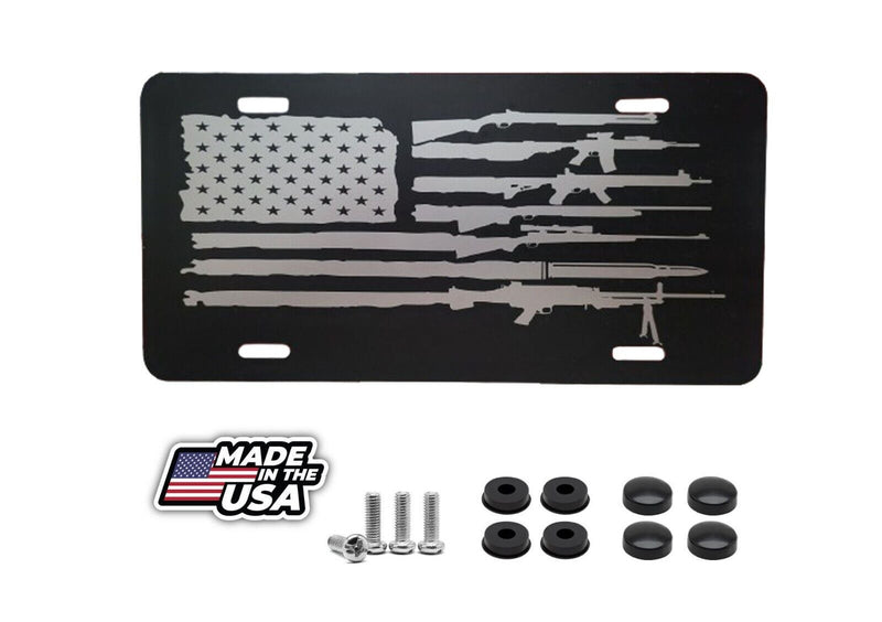 American Flag Guns License Plate Silver Flag Matte Black Aluminum plate