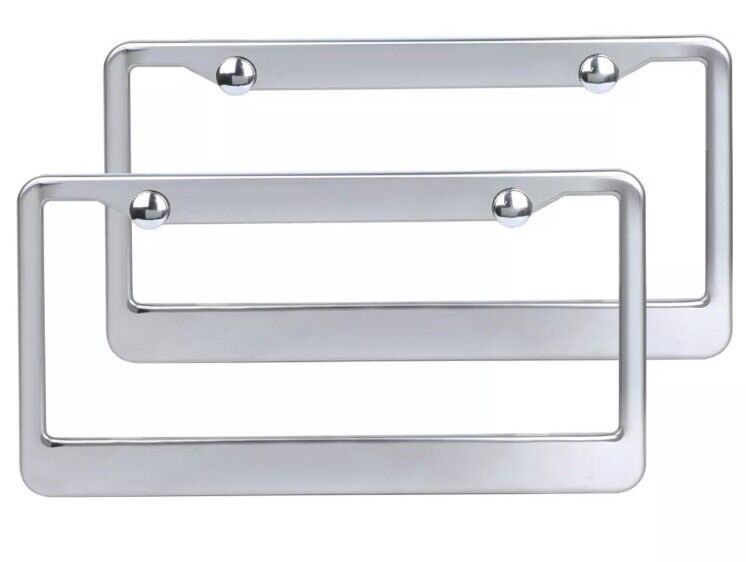 2PCS CHROME STAINLESS STEEL METAL LICENSE Plate Frame COVER SCREW CAPS