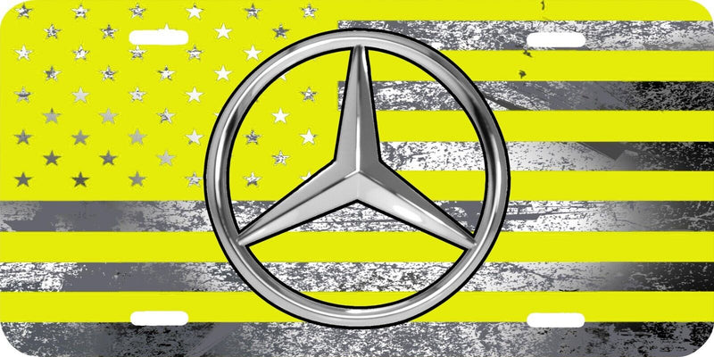 MERCEDES LOGO PRINTED YELLOW AND GRAY AMERICAN FLAG VEHICLE LICENSE PLATE TAG