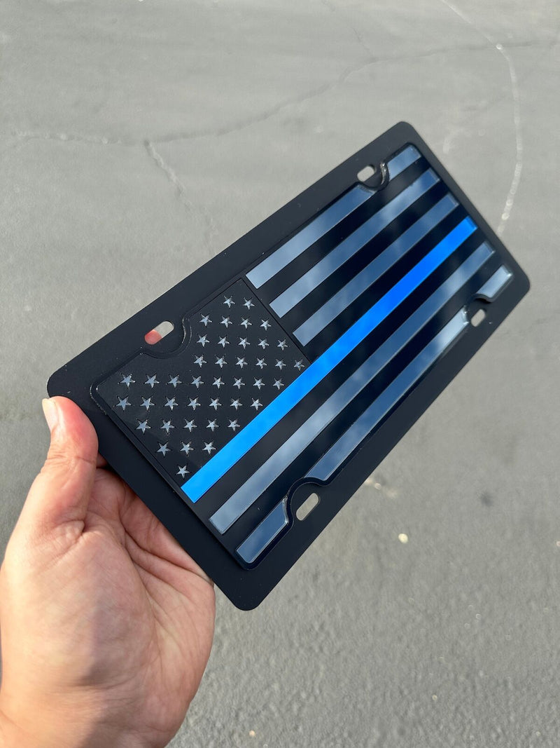 Blue Line Blacked Out USA Flag Mirror Acrylic License Plate Police Lives Matters