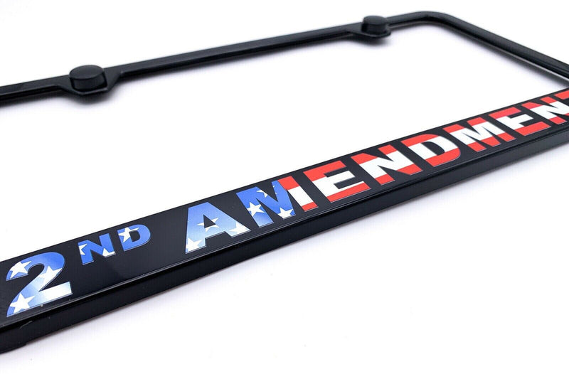Black Plastic License Plate Frame w/ American Flag "2nd Amendment" Script
