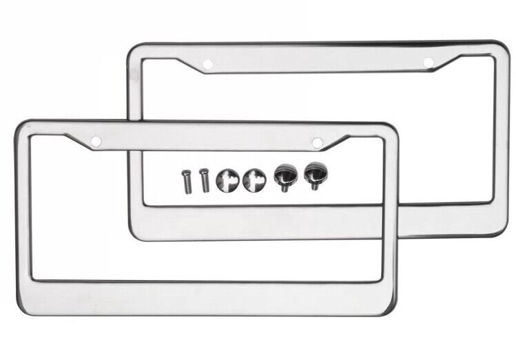 2PCS CHROME STAINLESS STEEL METAL LICENSE Plate Frame COVER SCREW CAPS