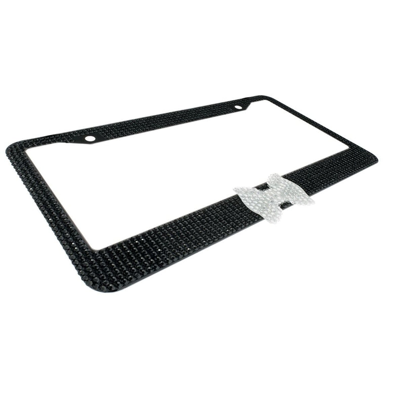 Black 7 Rows Bling Diamond Crystal License Plate Frame With Clear Bow Tie