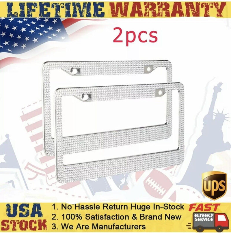 NEW 2 Pack Handcrafted Crystal Premium Stainless Steel Bling License Plate Frame