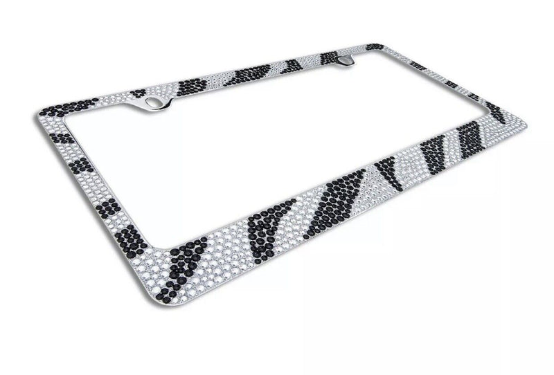 2 Pack Popular 7 Rows ZEBRA Bling Crystal License Plate Frame+Crystal Cap
