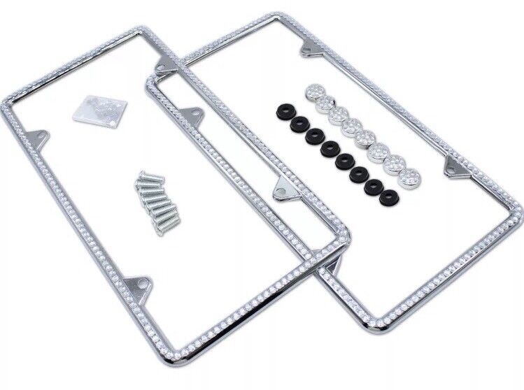 2x Chrome Plated License Frame Diamond Silver Bling Glitter Crystal RhineStone