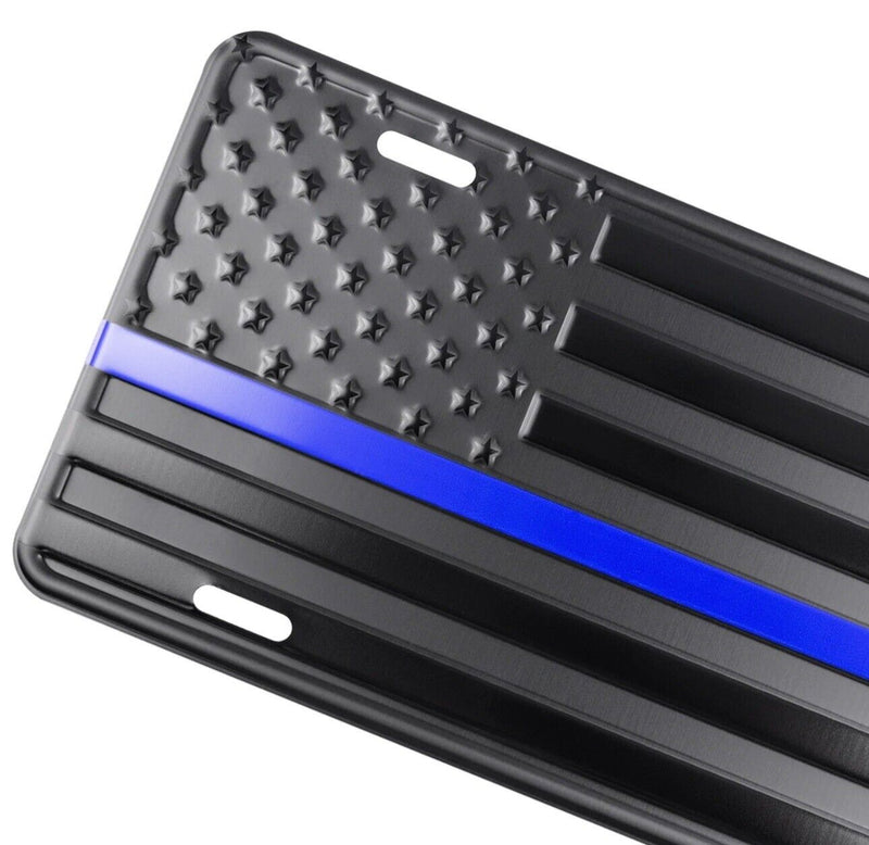 Thin Blue Line Embossed American flag license plate & Frame Key Chain Combo Set