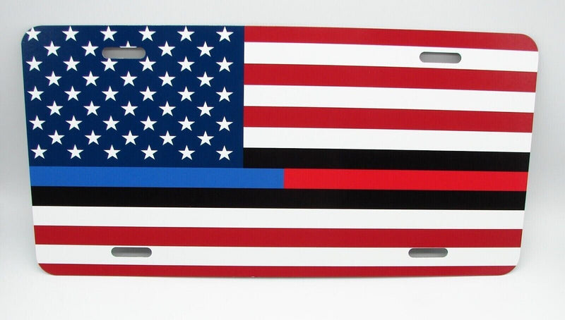 THIN BLUE & RED LINE AMERICAN FLAG METAL CAR LICENSE PLATE. POLICE FIREFIGHTERS