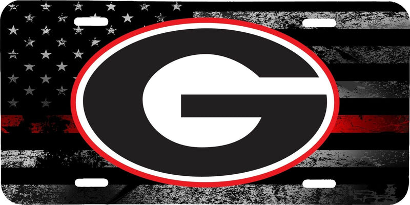 NCAA GEORGIA BULLDOGS THIN RED LINE AMERICAN FLAG TACTICAL ALUMINUM LICENSE PLATE TAG