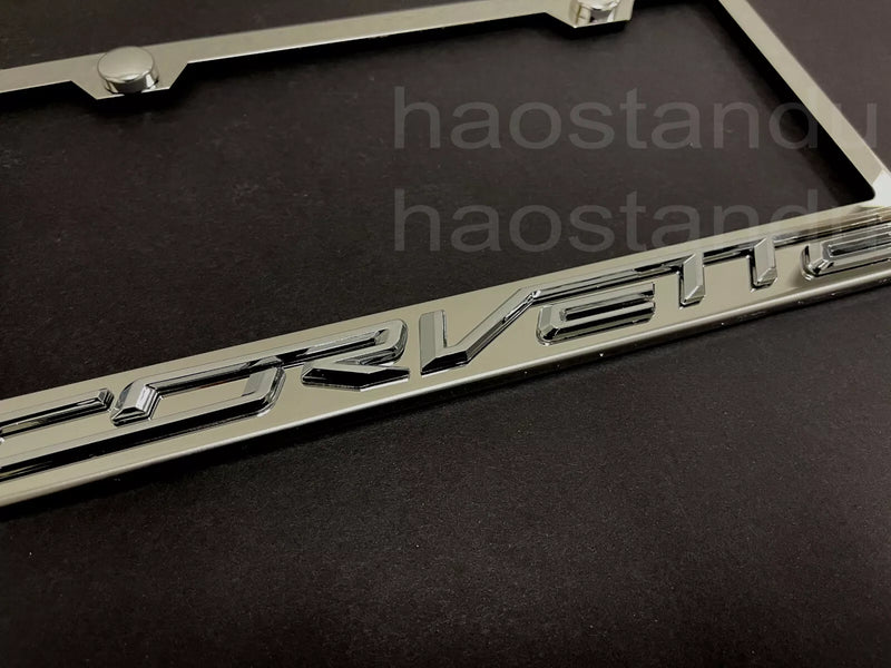 1x Corvette 3D Emblem Stainless Stainless Chrome License Plate Frame + Screw Caps
