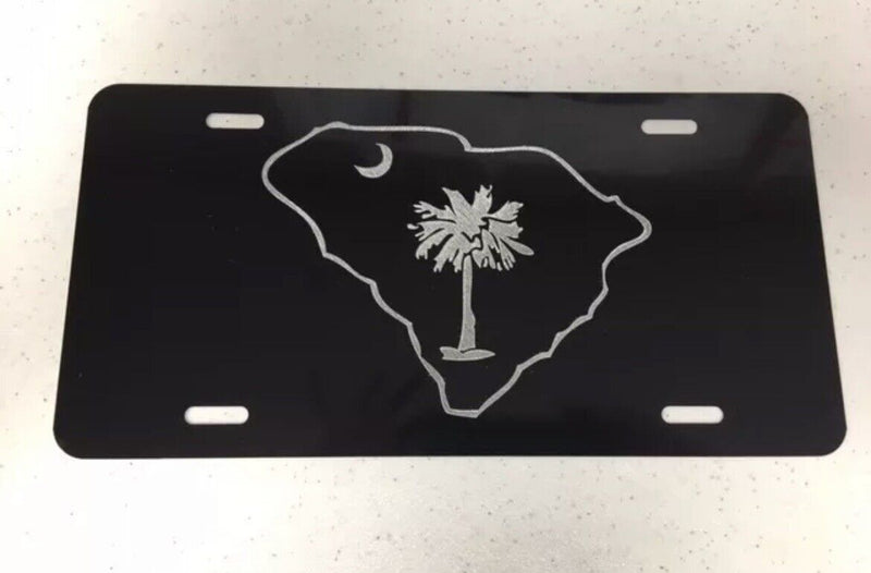 SC Palmetto outline Logo Car Tag Diamond Etched on Black Aluminum License Plate