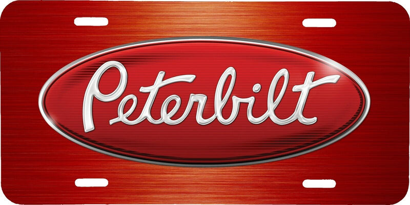 PETERBILT LOGO RED BRUSHED ALUMINUM BACKGROUND VEHICLE LICENSE PLATE SEMI TAG