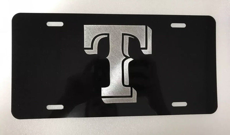 Texas Rangers Logo Car Tag Diamond Etched on Black Aluminum License Plate