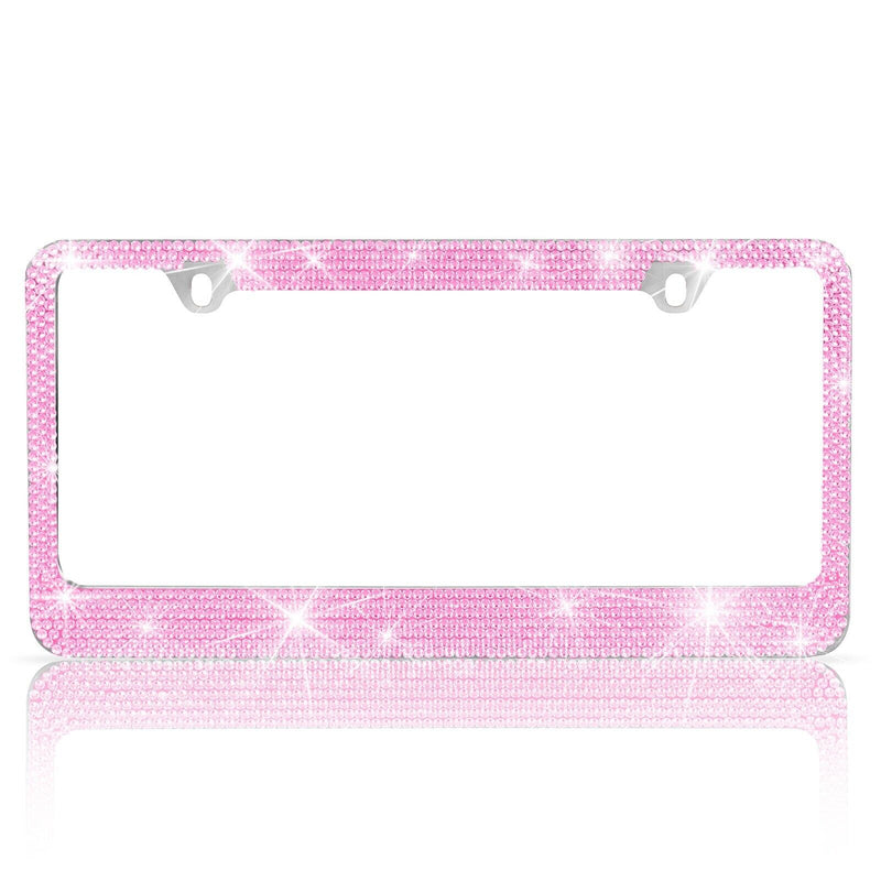 Stainless-Steel Metal Pink Crystal Bling License Plate Frame Universal Fit