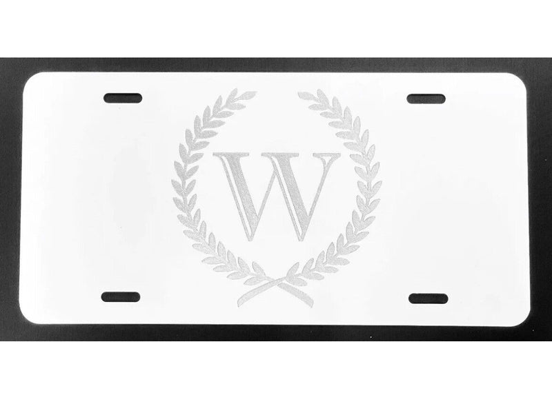Monogram Crest Car Tag Engraved Etched on Gloss White Aluminum License Plate