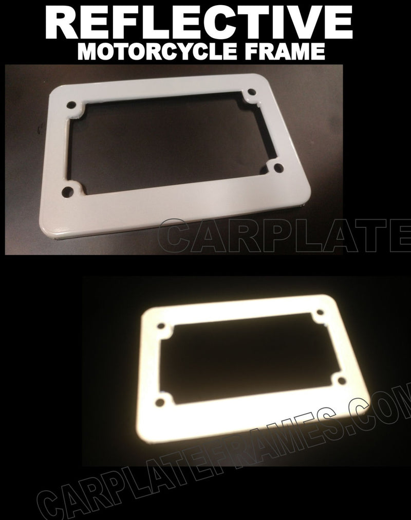 WHITE MOTORCYCLE REFLECTIVE SAFETY LICENSE PLATE FRAME BE SEEN AT NIGHT!