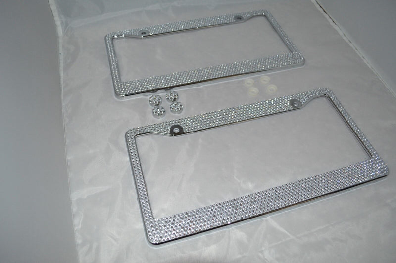2 All White Silver Bling Glitter Crystal RhineStone Metal License Plate Frame