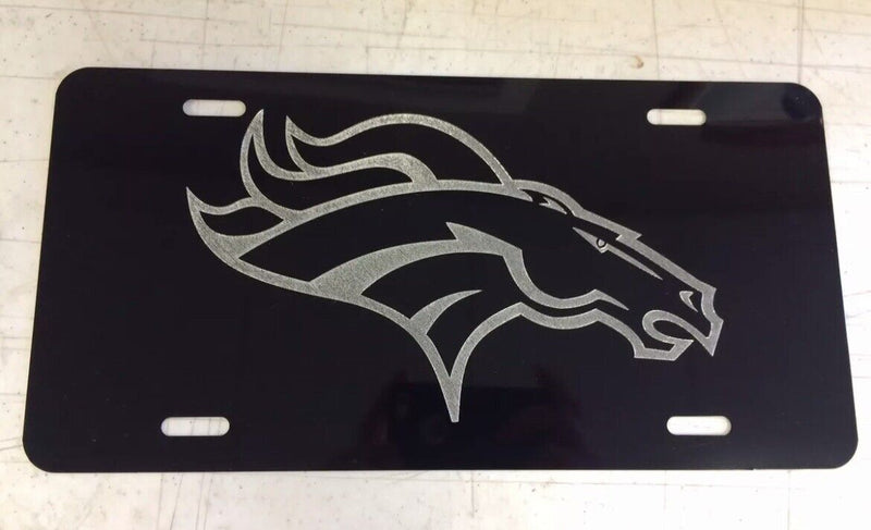 Denver Broncos Logo Car Tag Diamond Etched on Black Aluminum License Plate