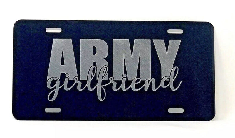 Army Girlfriend logo Car Tag Diamond Etched on Black Aluminum License Plate