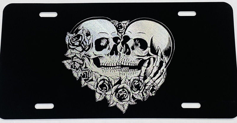 Engraved Skeleton Skull Lovers Car Tag Diamond Etched Aluminum License Plate