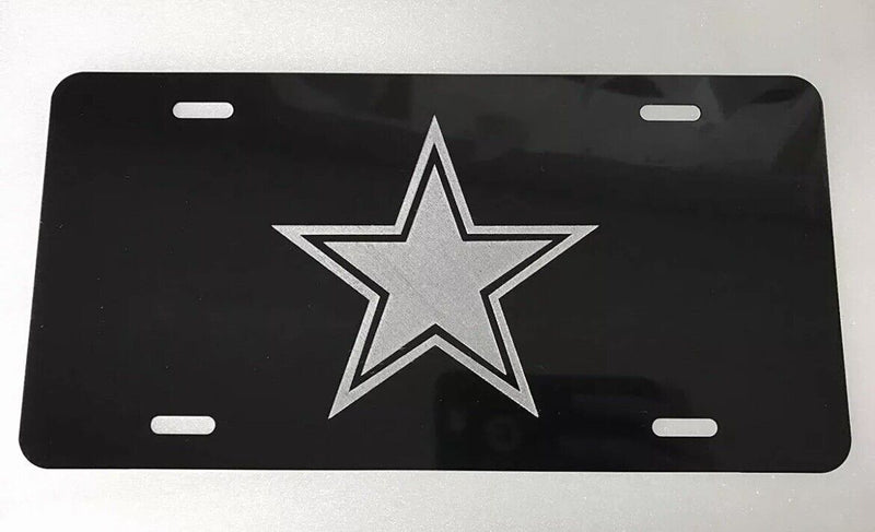 Dallas Cowboys Star Car Tag Diamond Etched on Black Aluminum License Plate