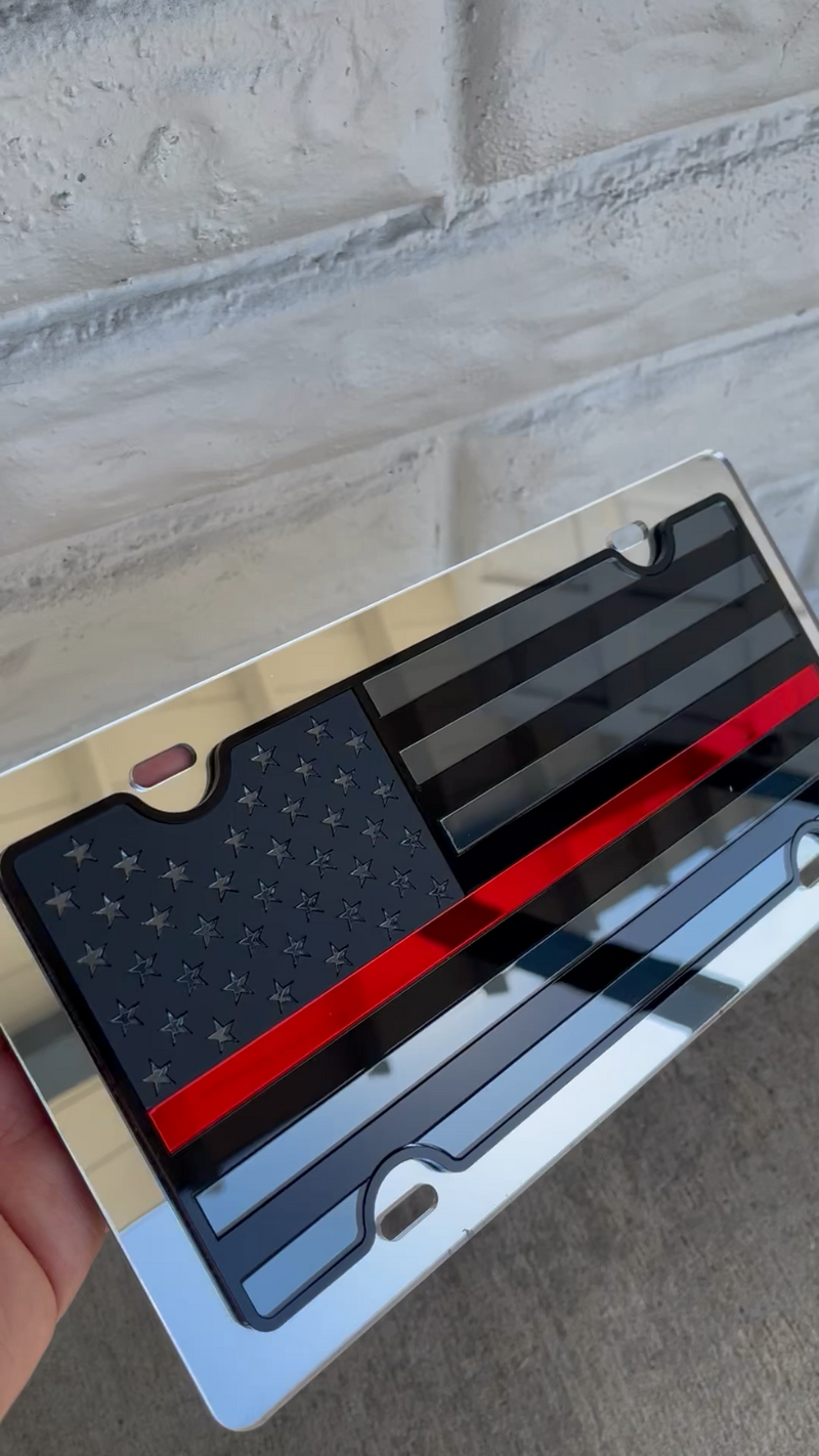 Blacked Out USA Flag Mirror Acrylic License Plate- Thin RED Line Fire, Ems