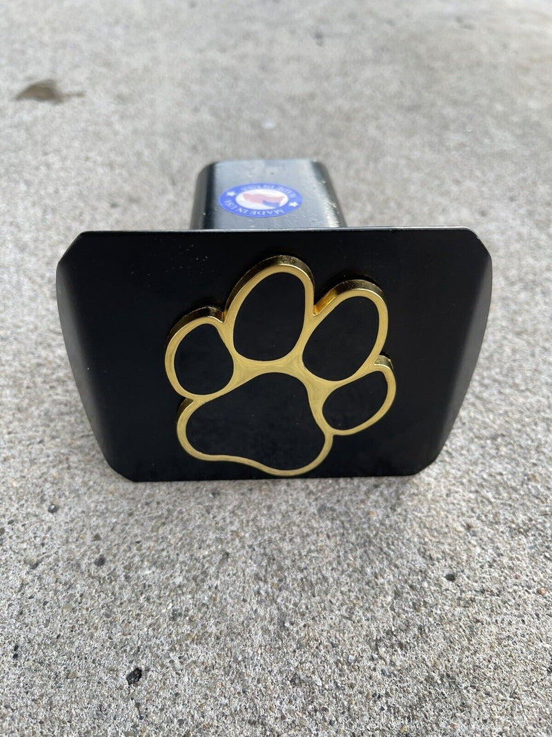 Dog Paw Emblem Metal Trailer Hitch Cover (Fit 2" Receivers, Gold & Black)