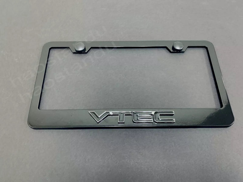 1x VTEC 3D Emblem BLACK Stainless License Plate Frame RUST FREE + Screw Cap BLK