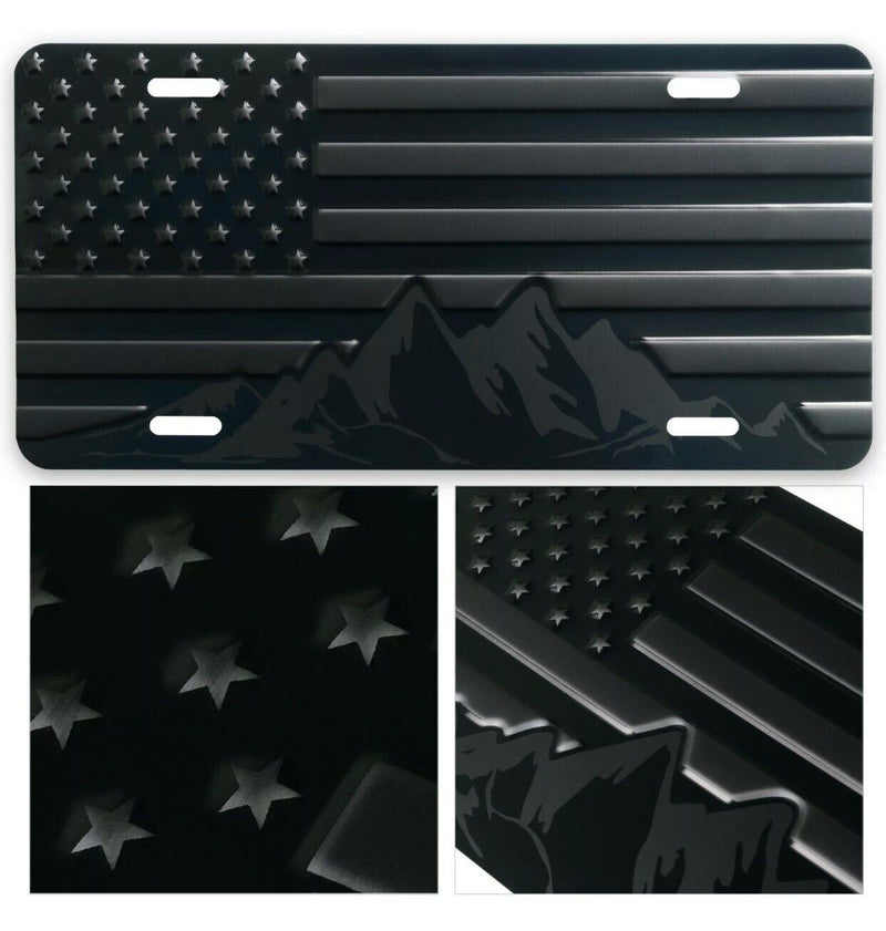 American Flag w/ Mountains License Plate. Embossed Aluminum Black on Matt Black