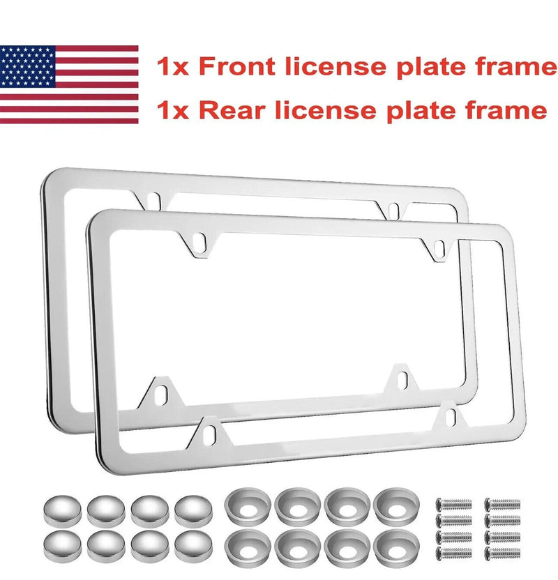 2Pcs Chrome Stainless Steel Metal License Plate Frame Cover With Screw Caps v2